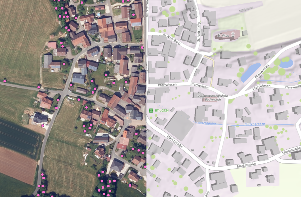 Darstellung von Einzelbäumen, links: Digitales Orthophoto, rechts: BayernAtlas Auf der linken Bildhälfte sieht man ein Digitales Orthophoto mit Einzelbäumen, die als pinke Punkte dargestellt sind. Auf der rechten Bildhälfte sieht man einen Ausschnitt aus dem BayernAltas mit Einzelbäumen als grüne Punkte.